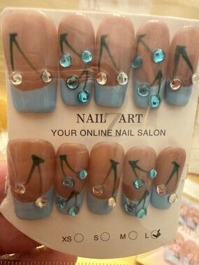 Blue French Tip Press-On Nails with Teal Gems